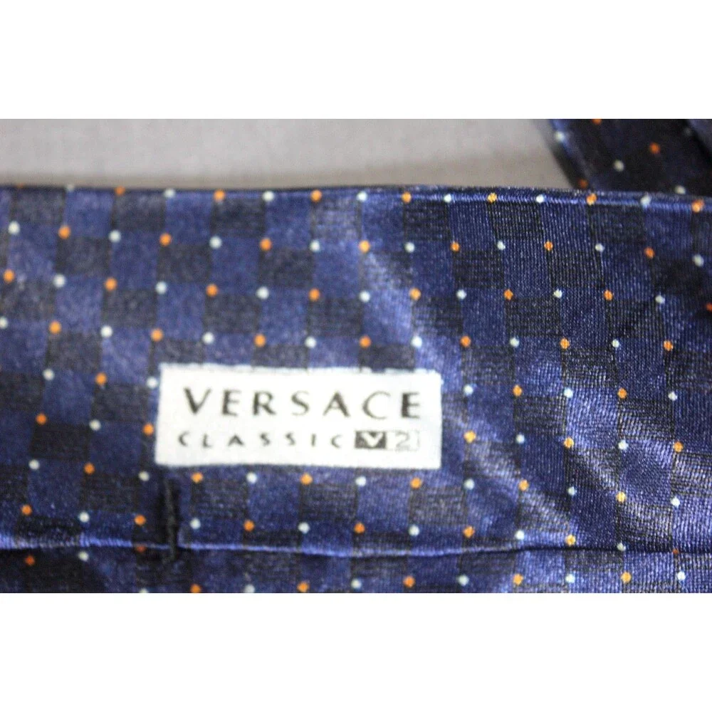 Vintage Versace Necktie Classic V2 Geometric Pattern Handmade Blue Silk Tie